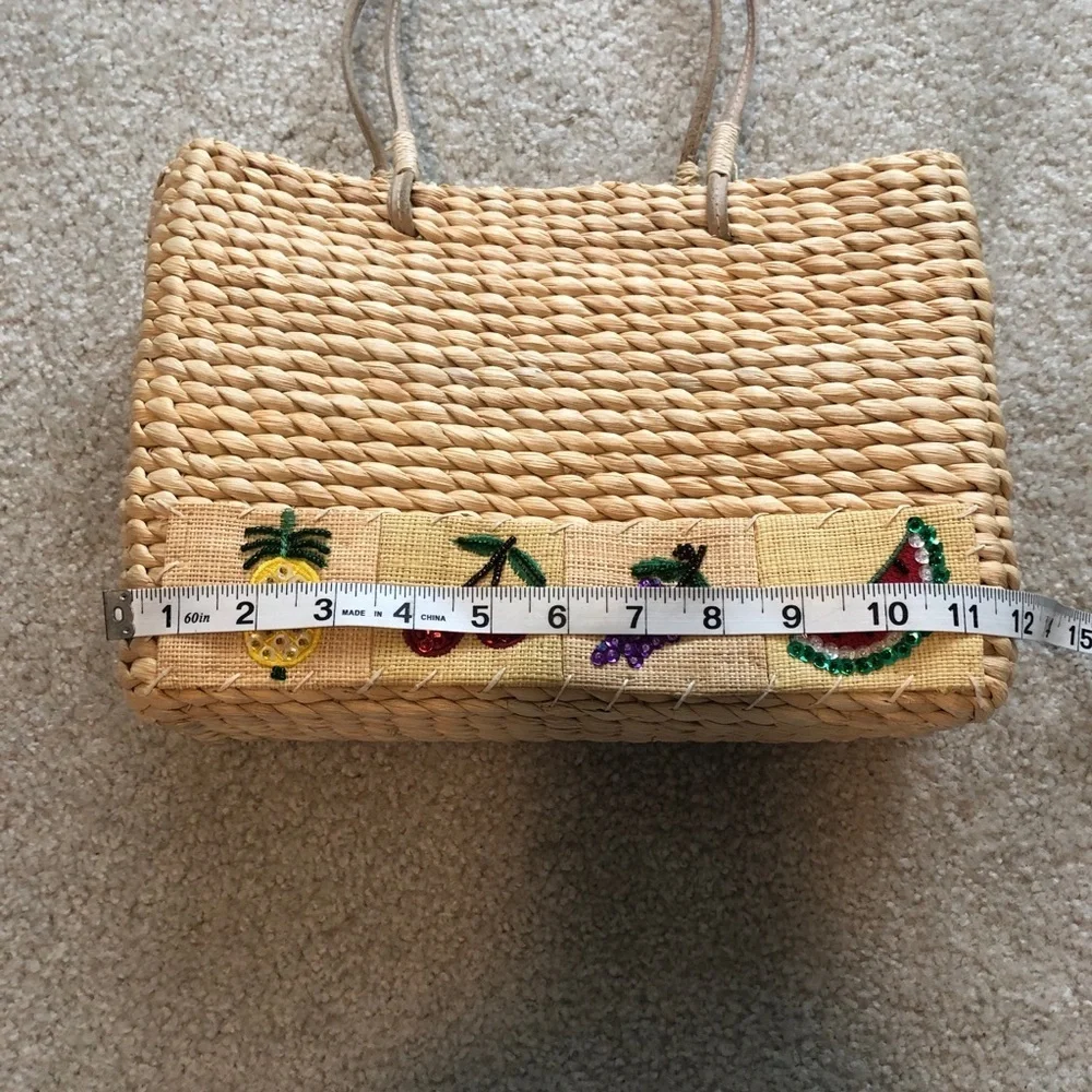 Xhilaration Vintage Wicker Purse Embroidered Beaded Fruit Medium Size Bag